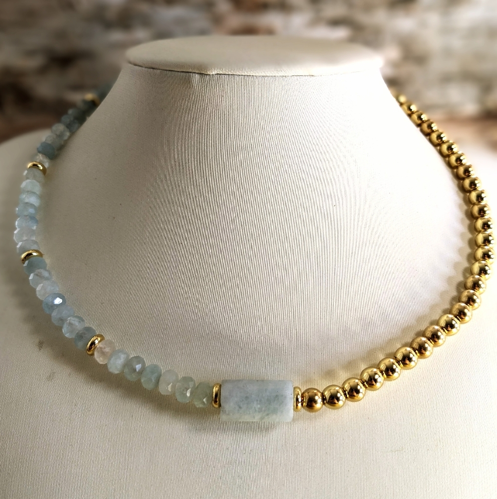 Natural Aquamarine & Gold Beads in Assymetrical Gold Plated Necklace Choker
